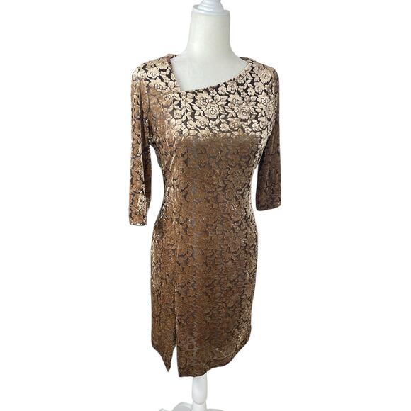 Crushed Velvet Burnout Floral Dress Brown Gold Women's Sz Small Y2K Whimsigoth - Picture 3 of 15
